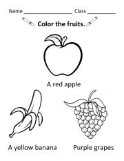 English Worksheet: Colors and Fruits for Kindergarden