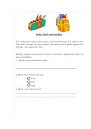 English Worksheet: Colours and Stationary Reading Comprehension