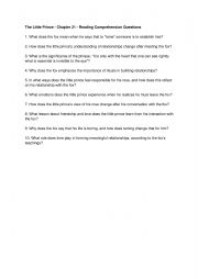 English Worksheet: The Little Prince - Chapter 21 - Reading Comprehension Questions