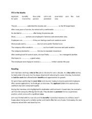 English Worksheet: Work Related Vocabularu fill in the blank and reading