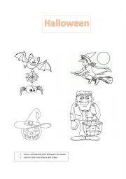 English Worksheet: Halloween Listen and colour