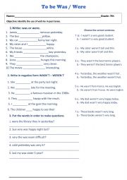 English Worksheet: was or were