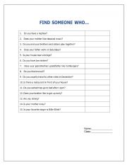 English Worksheet: Find someone who. Speaking activity