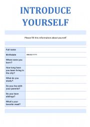 English Worksheet: INTRODUCE YOURSELF