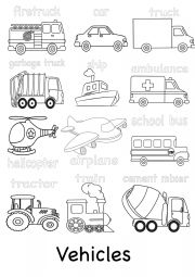 English Worksheet: Vehicles Coloring Page