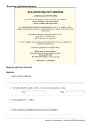 English Worksheet: scanning a job advertisement - adapted from BBC skills worksheet