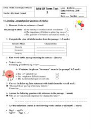 English Worksheet: 4th form mid of term 2 test