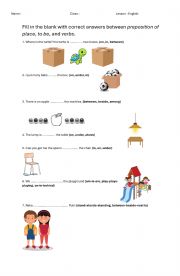 English Worksheet: Practice in Preposition of place and verb