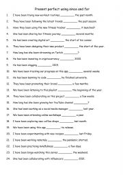 English Worksheet: Present perfect using since and for 1