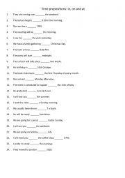 English Worksheet: Time prepositions in, on and at 1