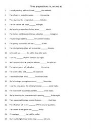 English Worksheet: Time prepositions in, on and at 1