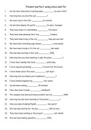 English Worksheet: Present perfect using since and for 2