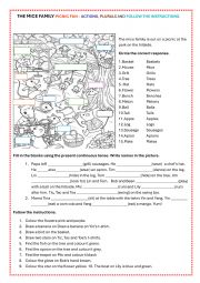 English Worksheet: THE MICE FAMILY-PICNIC FUN :  ACTIONS, PLURALS AND FOLLOW THE INSTRUCTIONS.