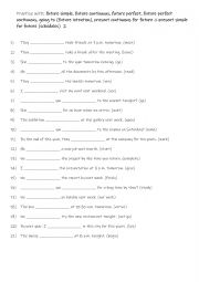 English Worksheet: B1-B2 Future Simple, Future Continuous, Future Perfect, Future Perfect Continuous, Going to (Future Intention), Present Continuous for Future, Present Simple for Future (Schedules)  2