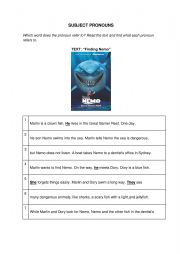 SUBJECT PRONOUNS WITH NEMO! EASY  AND FUN ACTIVITY (Key and B/W included)