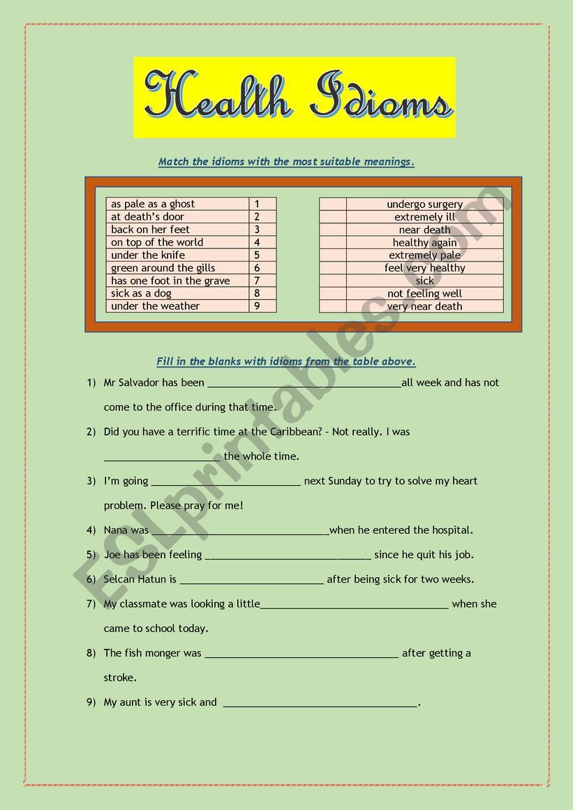 Health Idioms worksheet