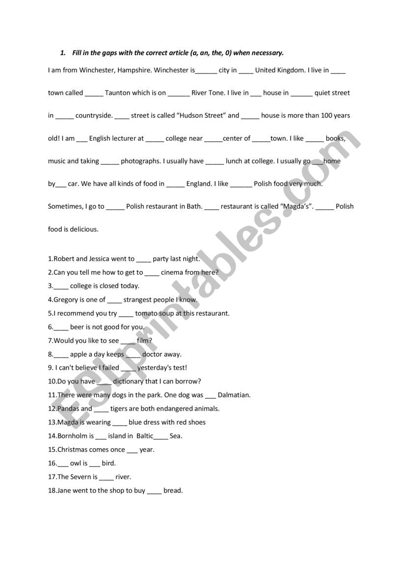 Articles ex worksheet