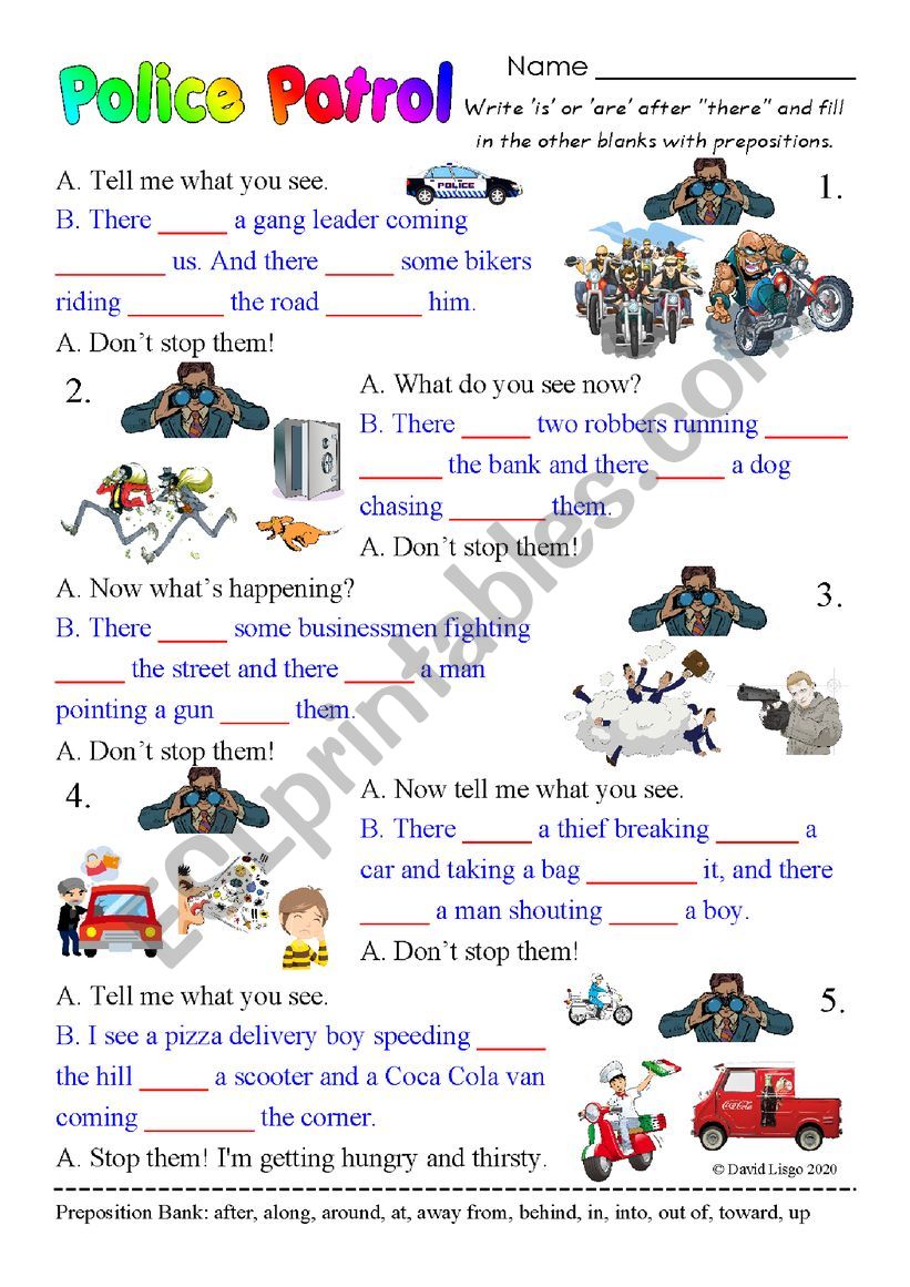 Police Patrol Descriptions And Prepositions With Answer Key And Extras 
