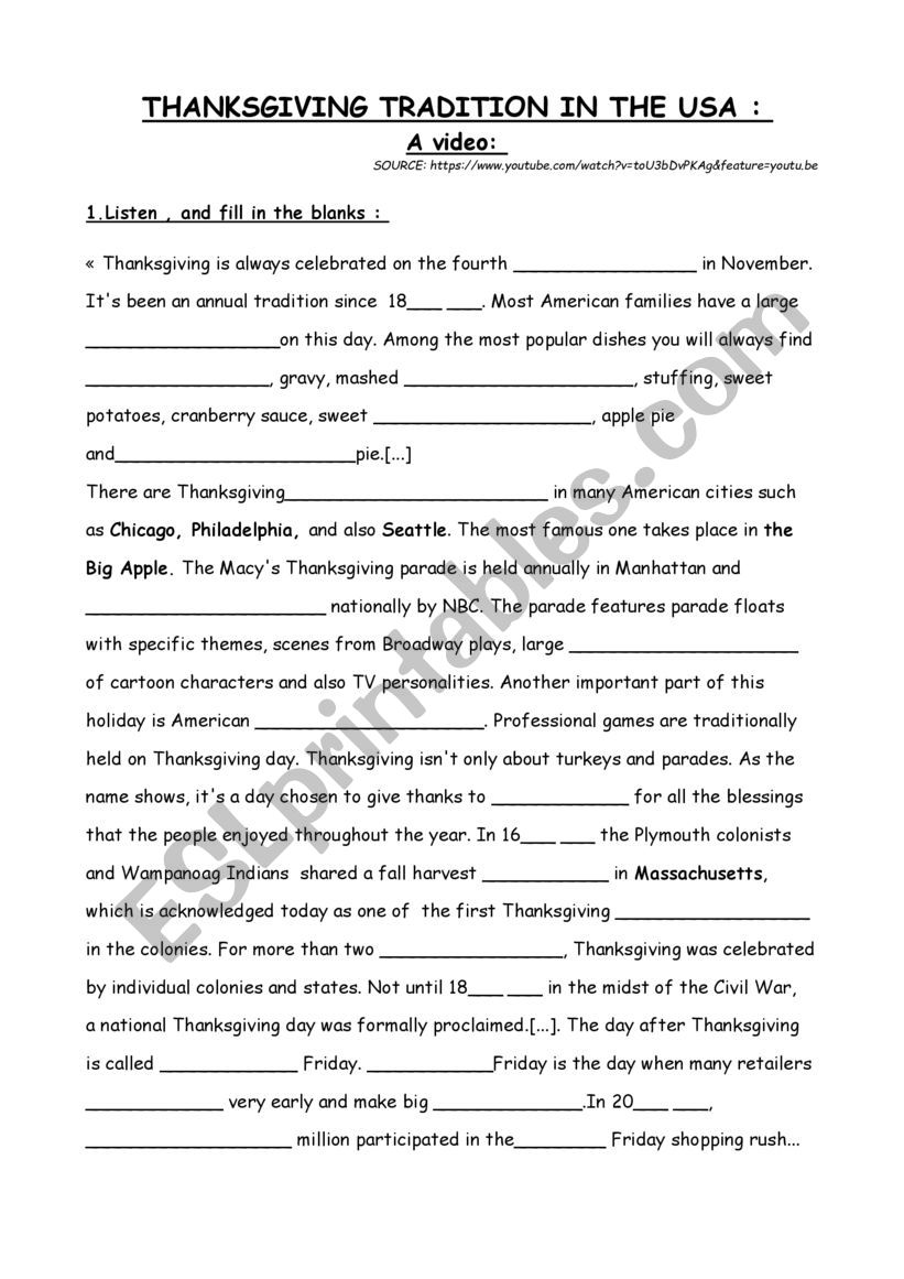 Oral comprehension worksheet thanksgiving