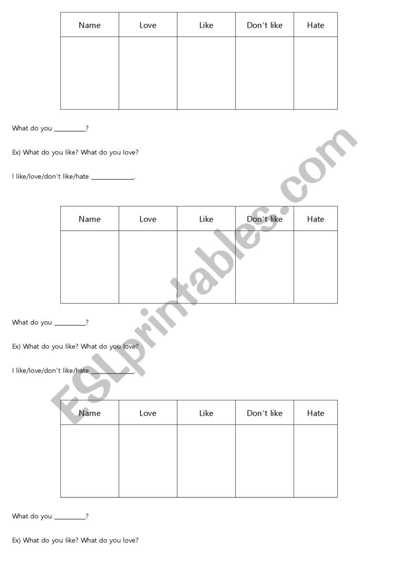 Likes and Dislikes sheet worksheet