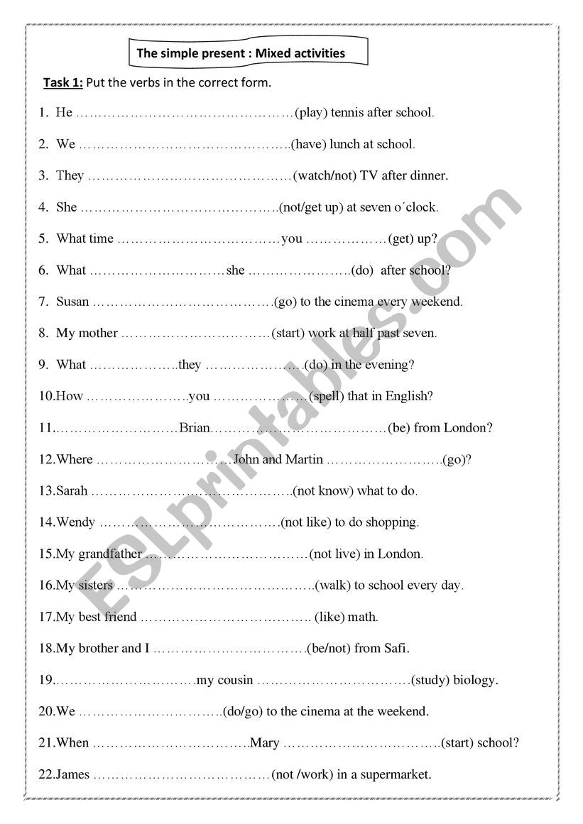 The present simple mixed form worksheet