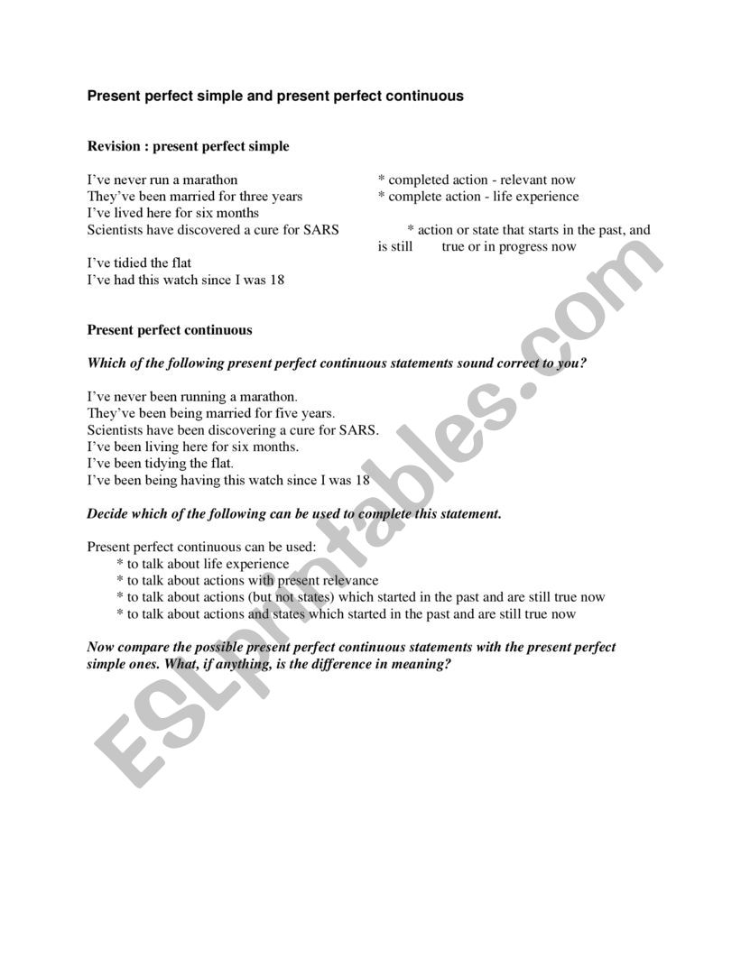 Present Perfect continuous worksheet