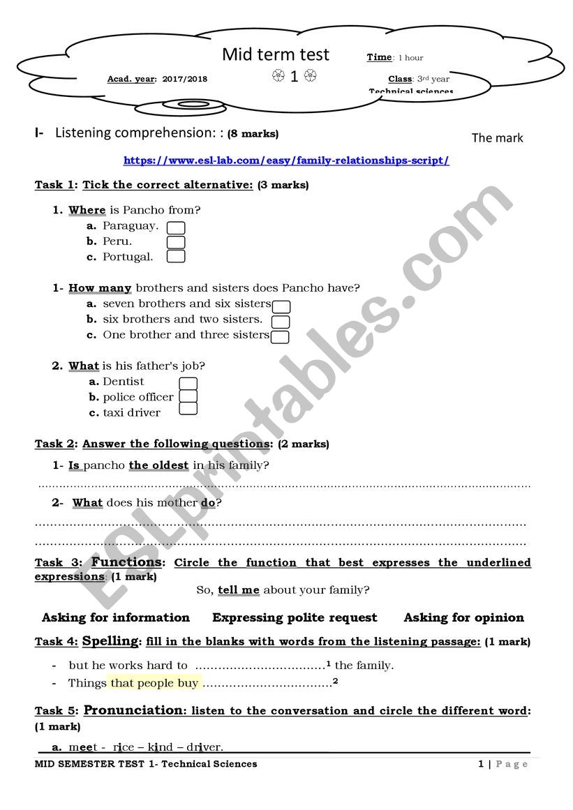 Mid Term Test 1 Level 3 worksheet