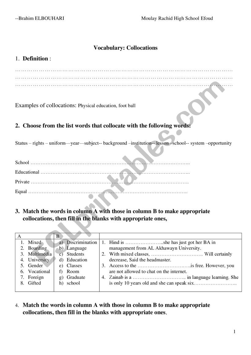 Vocabulary : Collocations worksheet