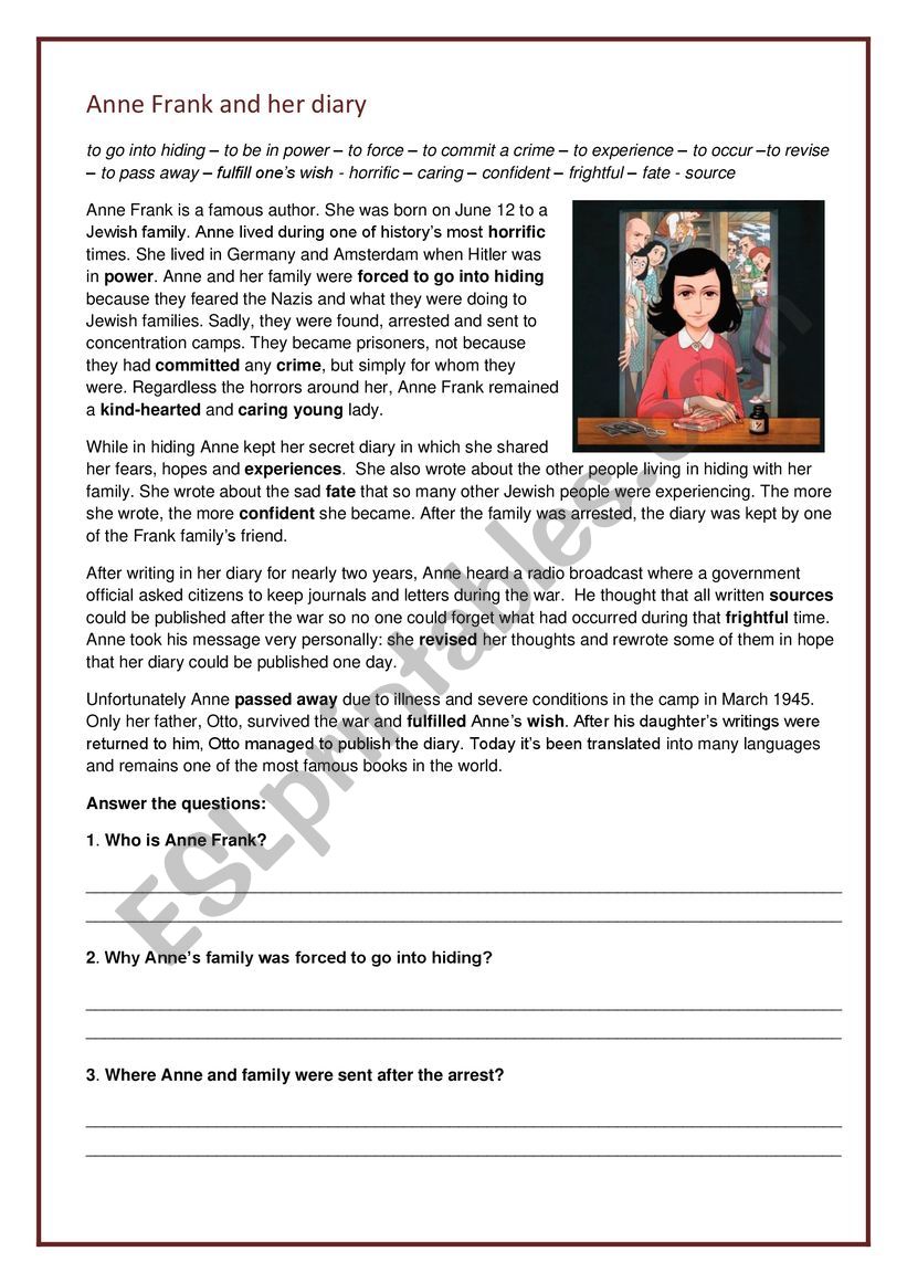 Anne Frank worksheet