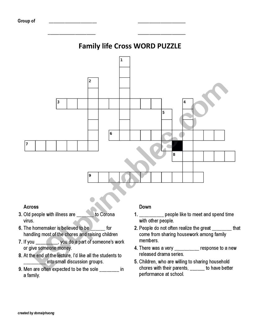 Family life Cross WORD PUZZLE worksheet