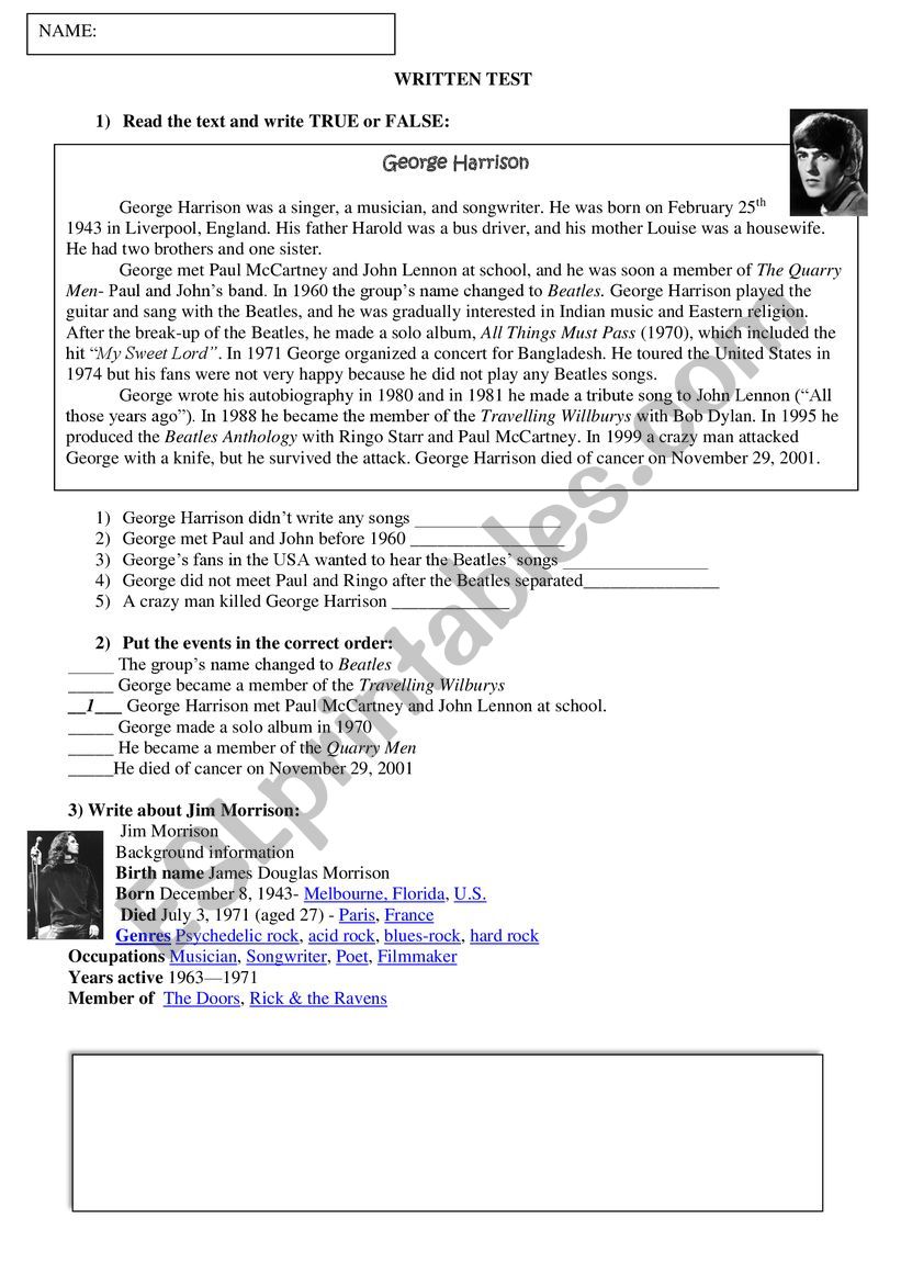 George Harrison´s biography - ESL worksheet by noehtorres