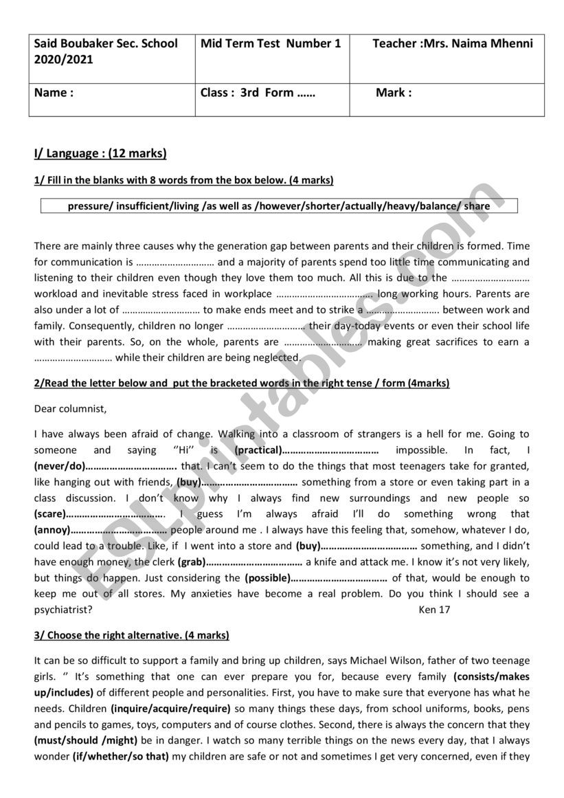 end of term test 1 -3rd form worksheet