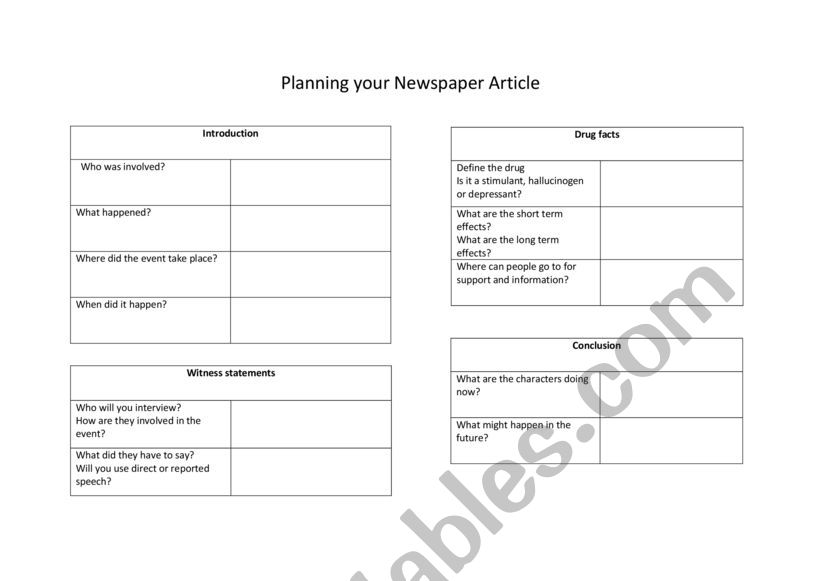 Newspaper Article Scaffold worksheet