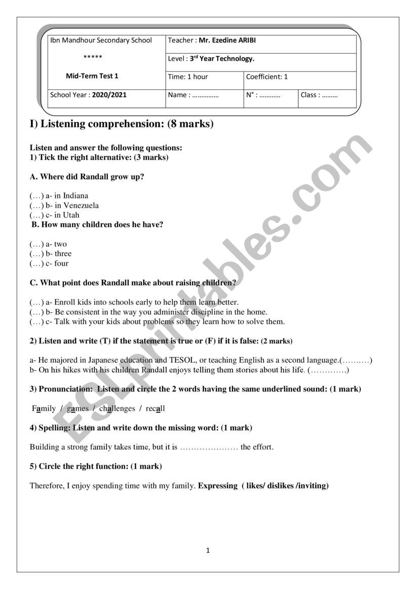 mid term test 3rd form worksheet
