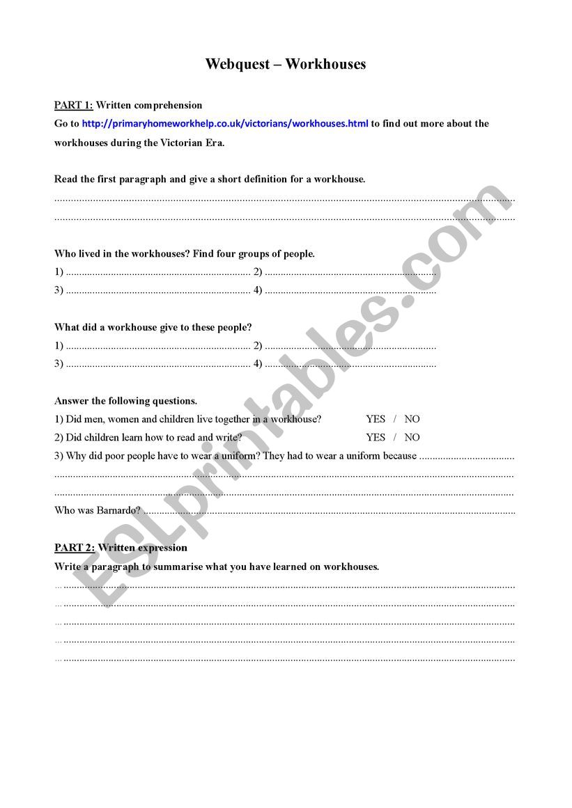 Webquest Workhouses worksheet