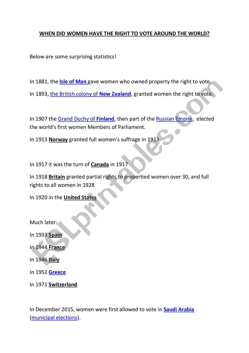 When did women get the vote worksheet