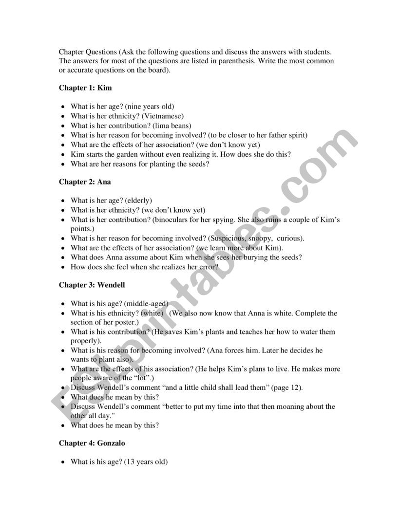 Seedfolks chapter questions ESL worksheet by OaklanOmarii