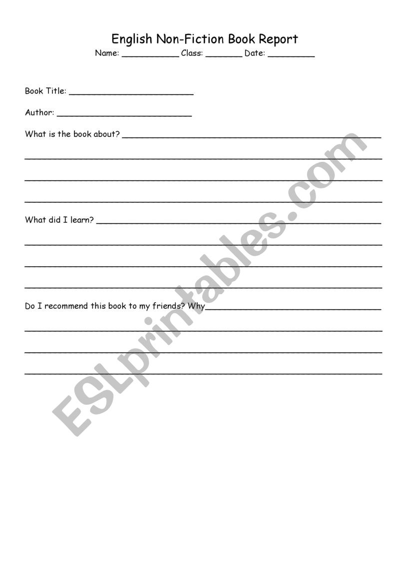 Non-Fiction Book Reports worksheet