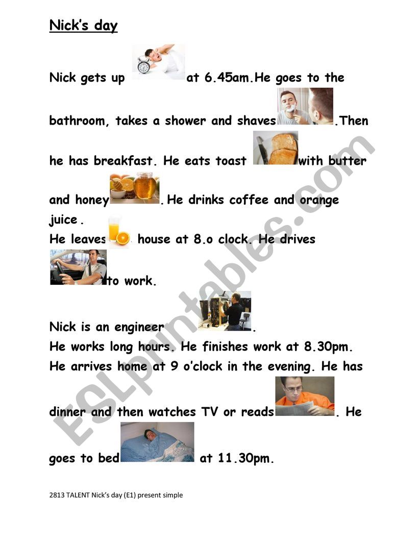 Nick�s day daily routine worksheet