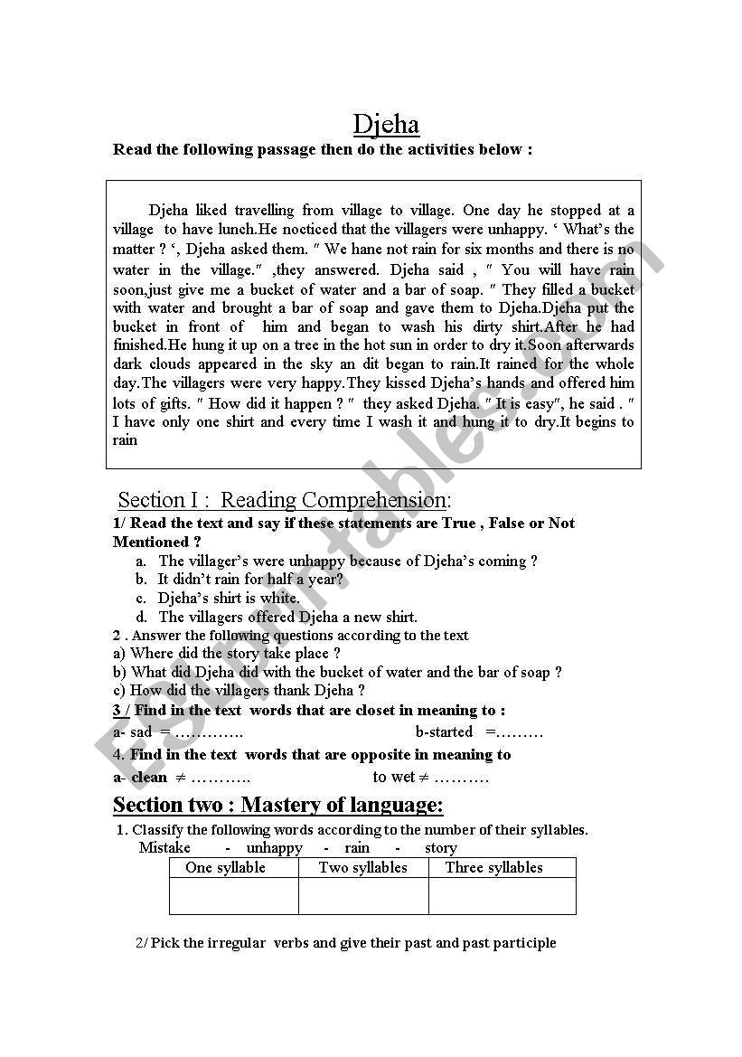 Djeha Story worksheet