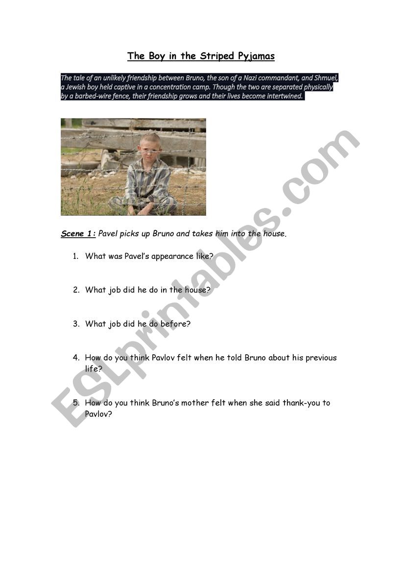 The boy in the striped pjs worksheet