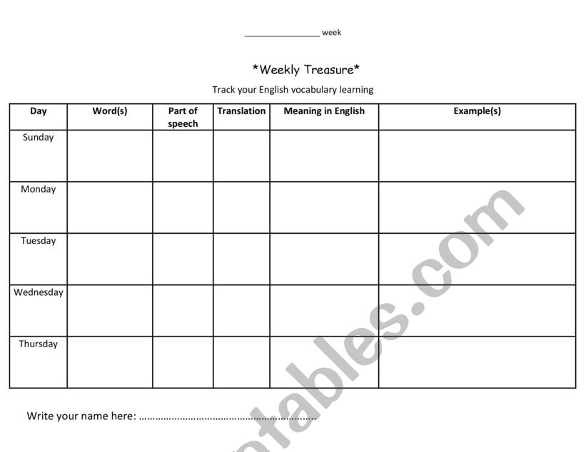 Weekly treasure/ to track vocabulary learning