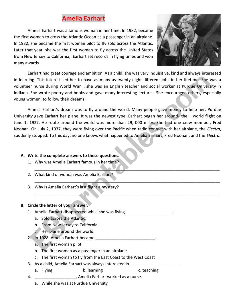 Amelia Earhart worksheet