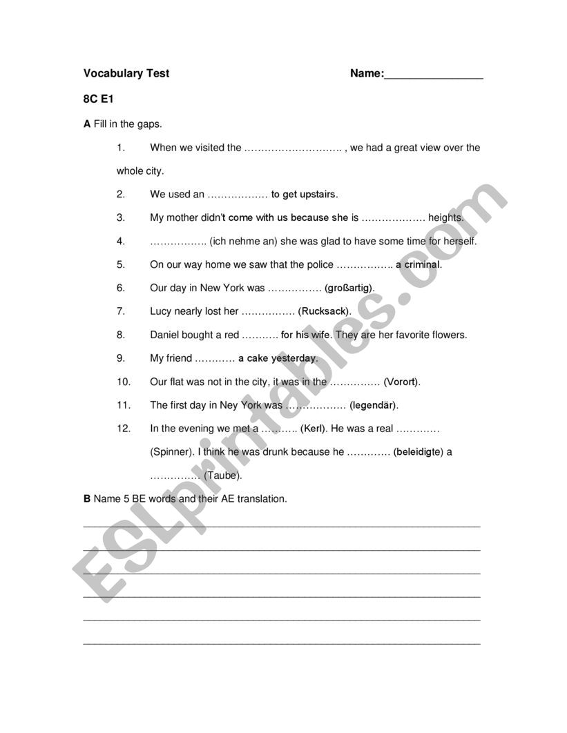 small vocab test  worksheet