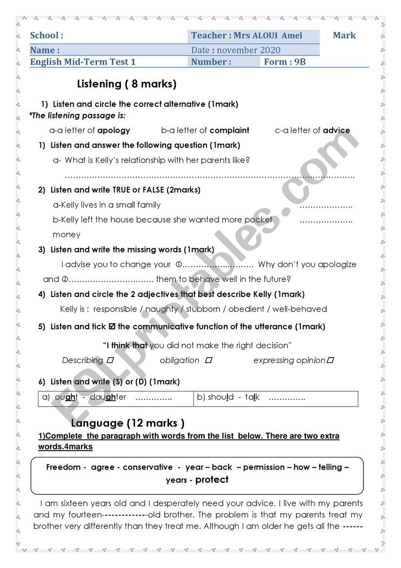 9Th Form Mid-Term Test 1 worksheet