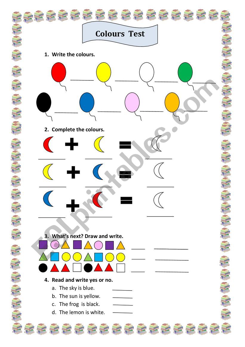 colours test worksheet