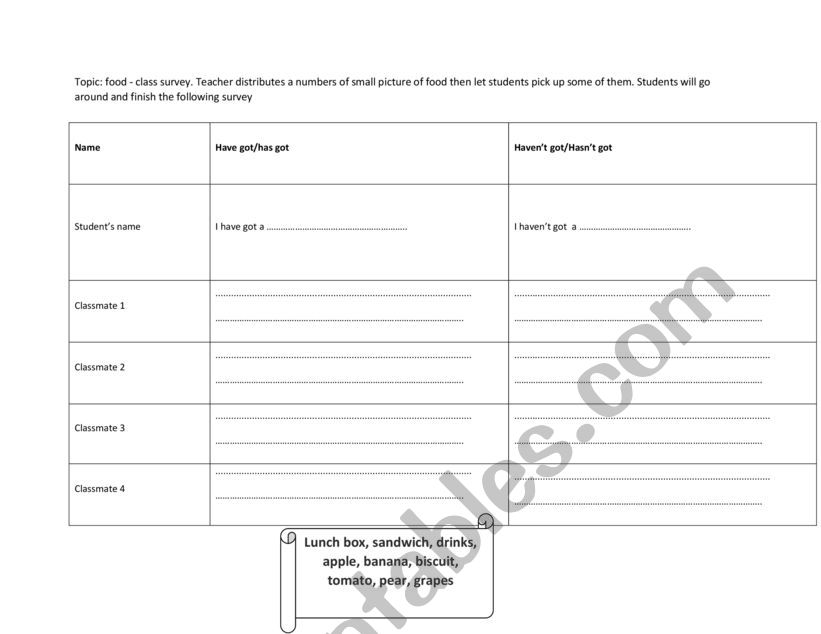 Food class survey worksheet