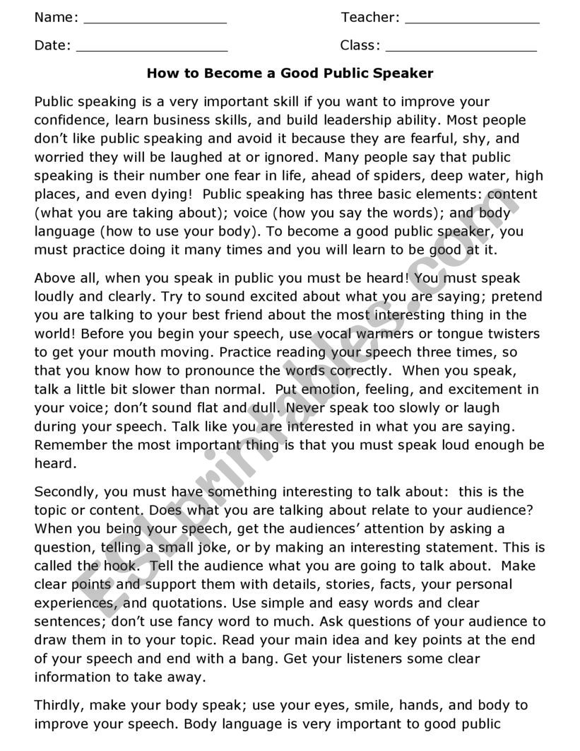 Essay: Basics of Public Speaking - ESL worksheet by murphteach