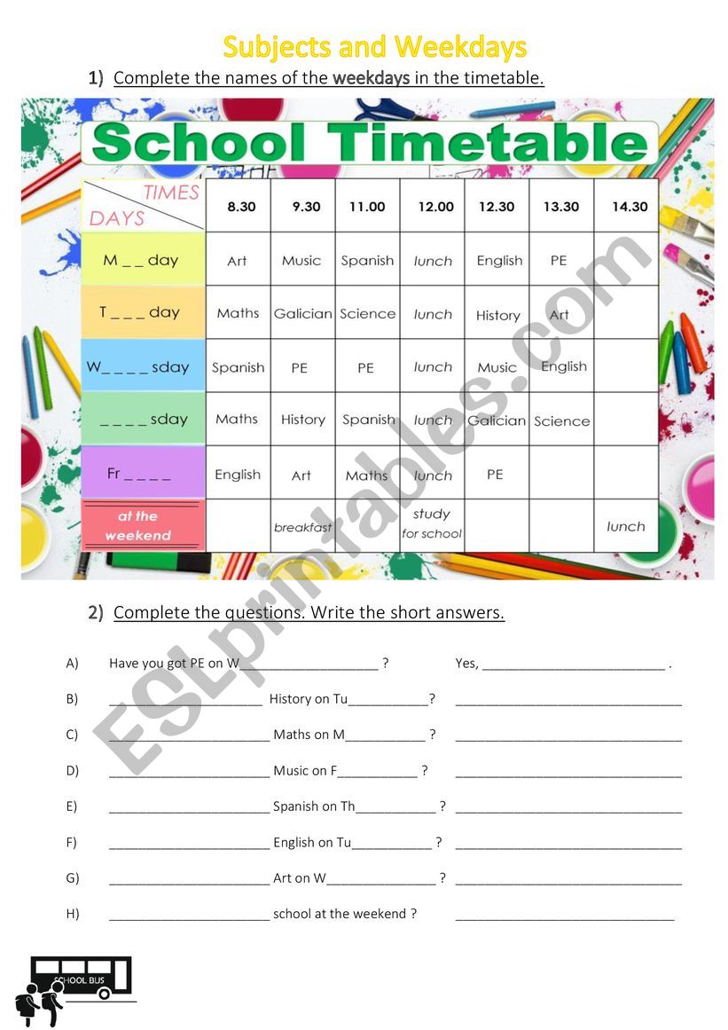 subjects and weekdays using have got