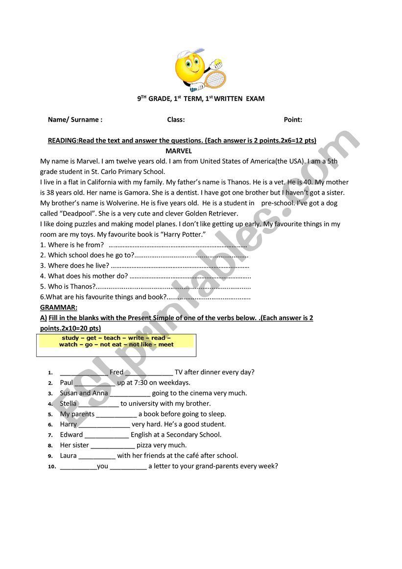 9th Grades Exam worksheet